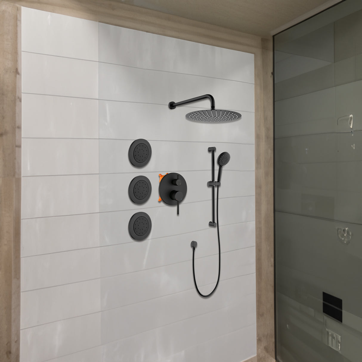Matte Black Shower System with Shower Head  Hand Shower Slide Bar  Bodysprays Shower Arm  Hose  Valve Trim  and Lever Handles - V.I.P Digital Presence