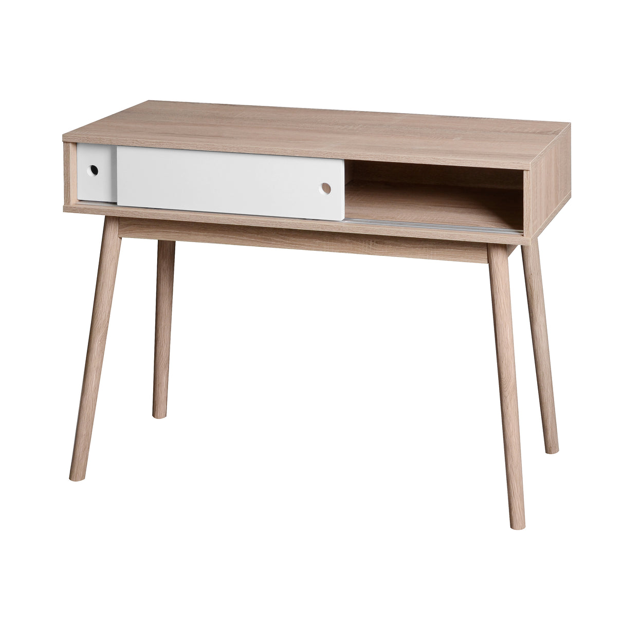 Kitchen Mid-Century Table Writing Desk with 2 Push-pull White Panel Drawers and Wood Legs, Natural Color - V.I.P Digital Presence