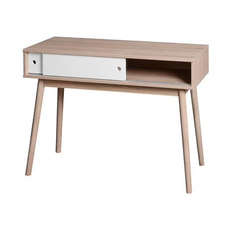 Kitchen Mid-Century Table Writing Desk with 2 Push-pull White Panel Drawers and Wood Legs, Natural Color - V.I.P Digital Presence