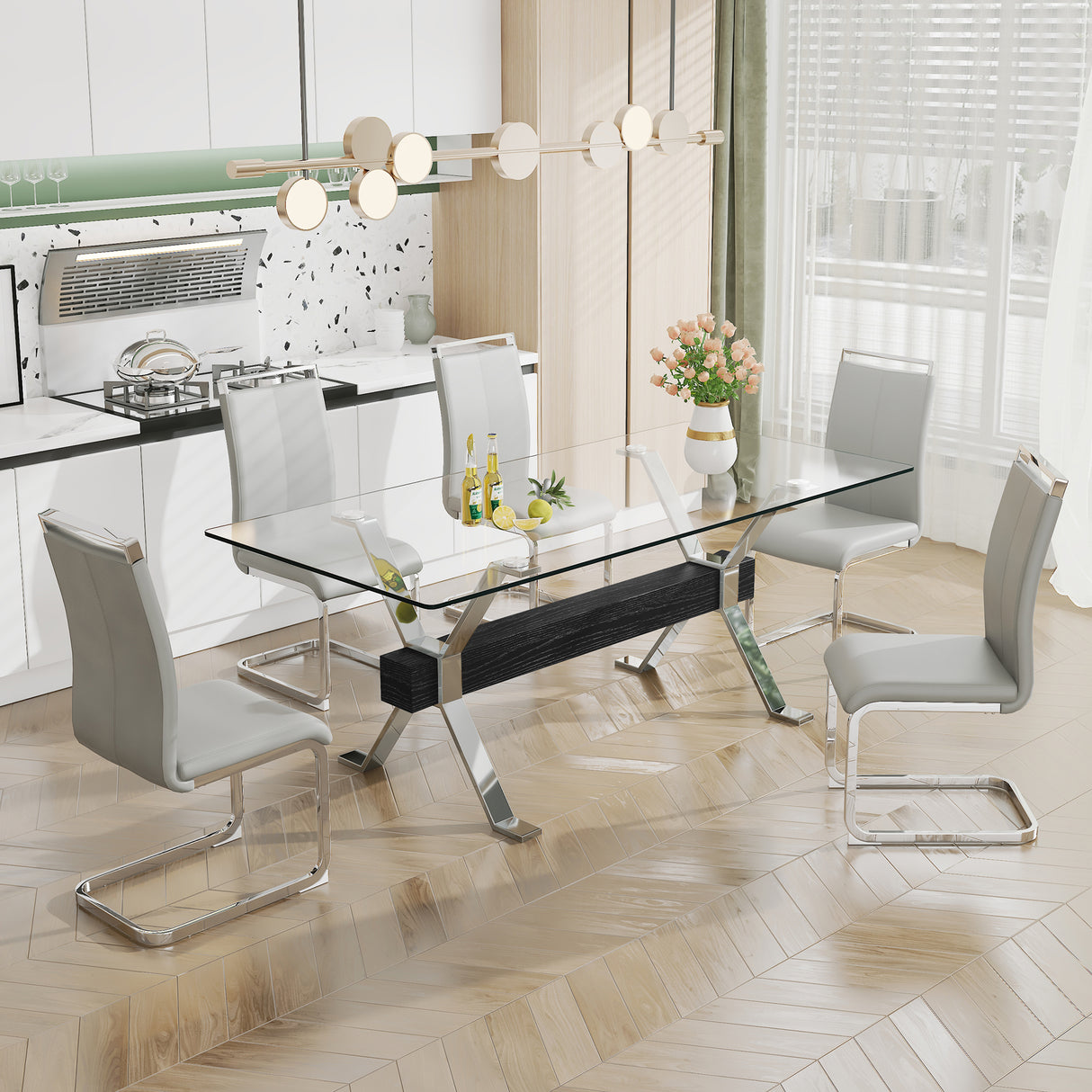 Dining table Modern tempered glass dining table Large modern office desk with silver plated metal legs and MDF crossbars - V.I.P Digital Presence