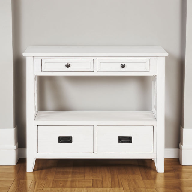 36'' Farmhouse Pine Wood Console Table Entry Sofa Table with 4 Drawers & 1 Storage Shelf (Antique White) - V.I.P Digital Presence