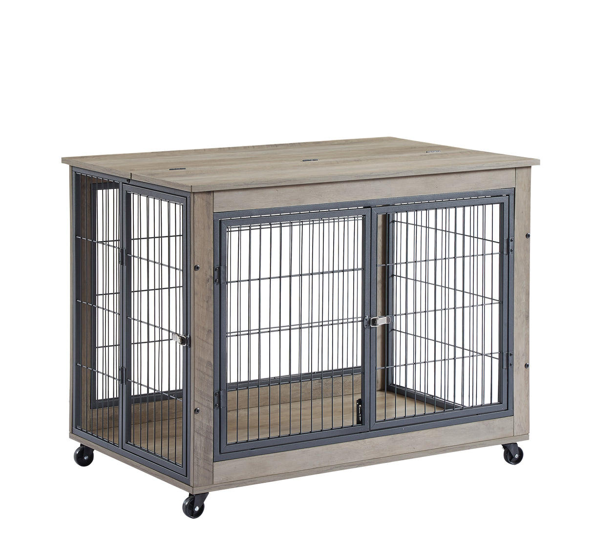 Furniture Style Dog Crate Side Table on Wheels with Double Doors and Lift Top.Grey,38.58''w x 25.5''d x 27.36''h - V.I.P Digital Presence