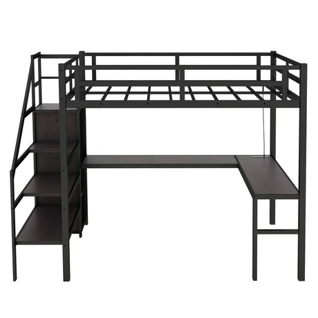 Full sized loft bed with L-shaped desk and USB, metal loft bed with wardrobe and adjustable shelf, black color - V.I.P Digital Presence
