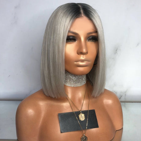 Women's wig black gray mixed color middle part bobo short straight hair inner buckle bob short hair dyed chemical fiber hair - V.I.P Digital Presence