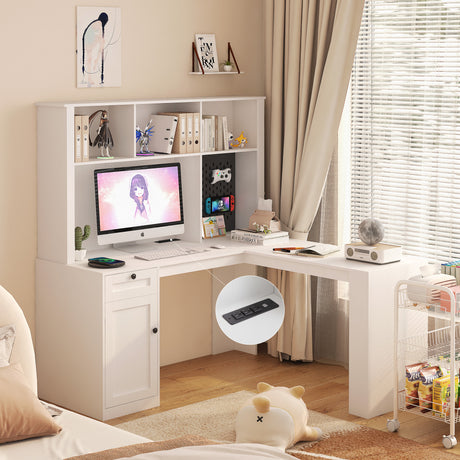 Corner gaming computer desk with socket, drawers, bookshelf and writing desk, modern L-shaped learning desk with storage space - V.I.P Digital Presence