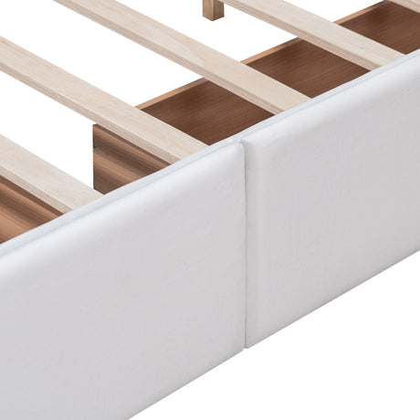 Upholstered Platform Bed with Classic Headboard and 4 Drawers No Box Spring Needed Linen Fabric Queen Size White - V.I.P Digital Presence