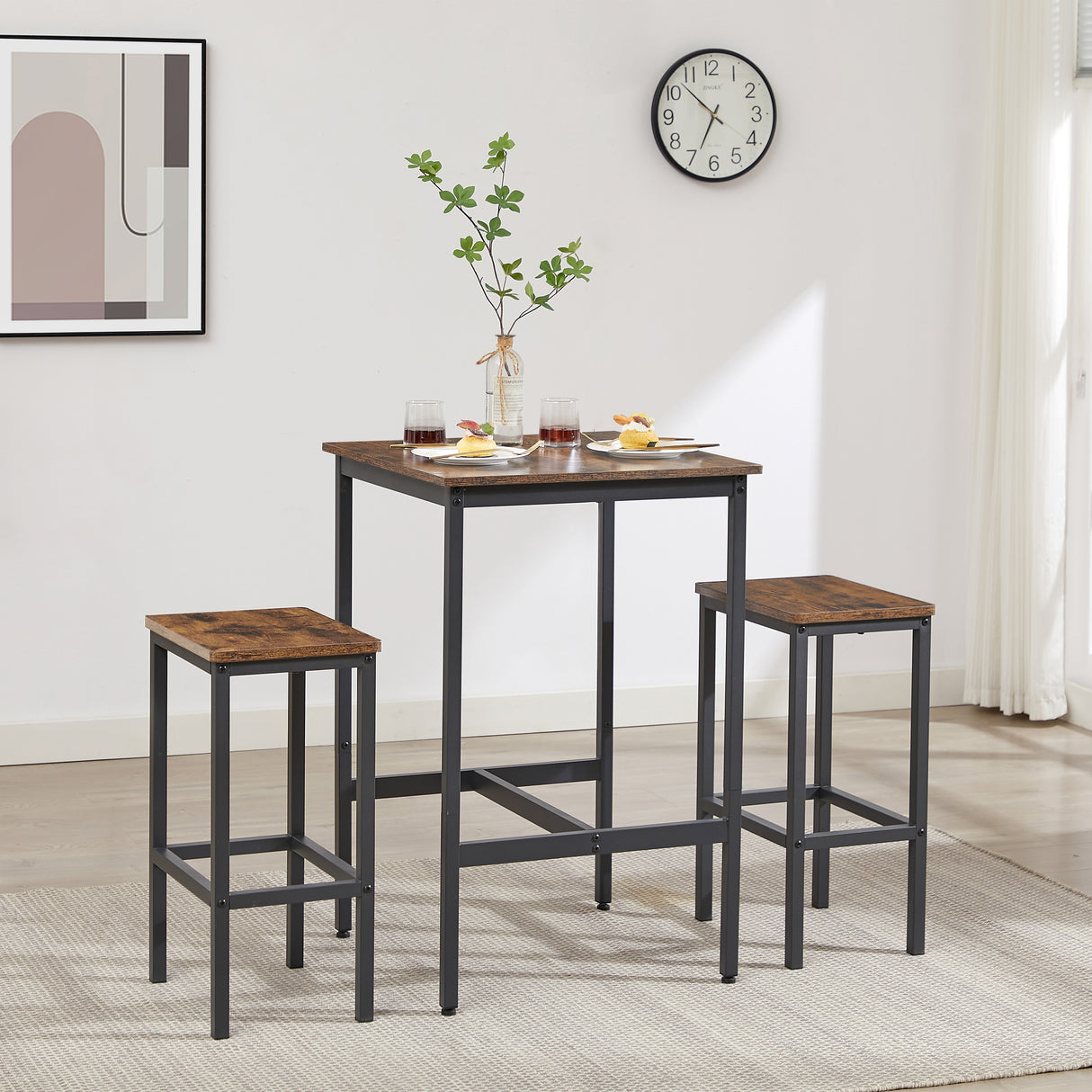 Bar Table Set Square Bar Table with 2 Bar Chairs Industrial Style Bar Chairs for Kitchen Breakfast Table Rustic Brown and Black