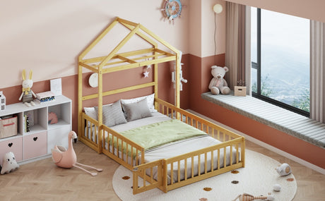 Wooden Full Size Children's Bed with Detachable Headboard and Integrated Clothes Drying Rack, Natural - V.I.P Digital Presence