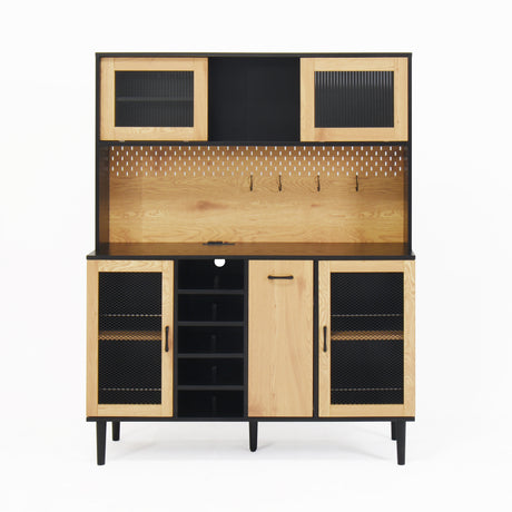 59 "H buffet side cabinet with storage door and power outlet, coffee bar cabinet with wine rack, black and natural colors - V.I.P Digital Presence