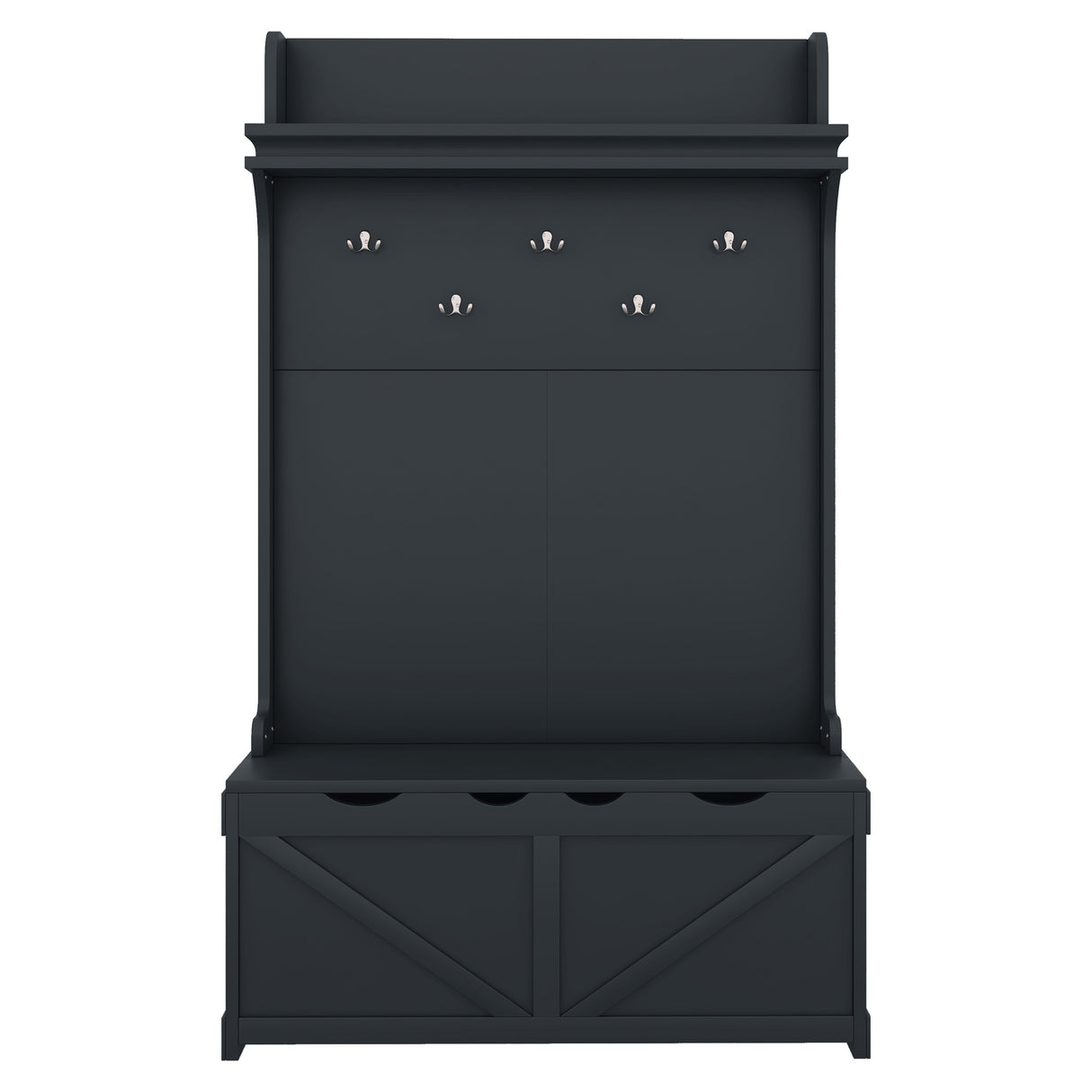 Hall tree with storage desk, entrance desk with drawers and 5 hooks, display rack, dark blue - V.I.P Digital Presence