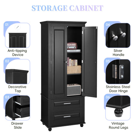Tall Storage Cabinet with Two Drawers for Bathroom/Office, Black - V.I.P Digital Presence