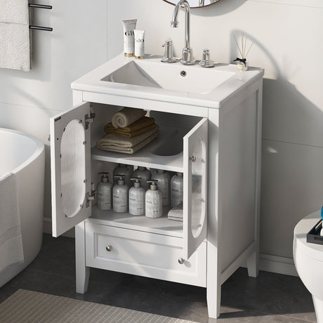 24" Bathroom Vanity with Sink, Bathroom Vanity Cabinet with One Drawer and Doors, Adjustable Shelf, Solid Wood and MDF, White - V.I.P Digital Presence