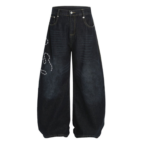 Streetwear High Street Letter Print Slash Denim Trousers Men's Work Pants Washed Vintage Loose Wide Leg Floor-Length Pants - V.I.P Digital Presence