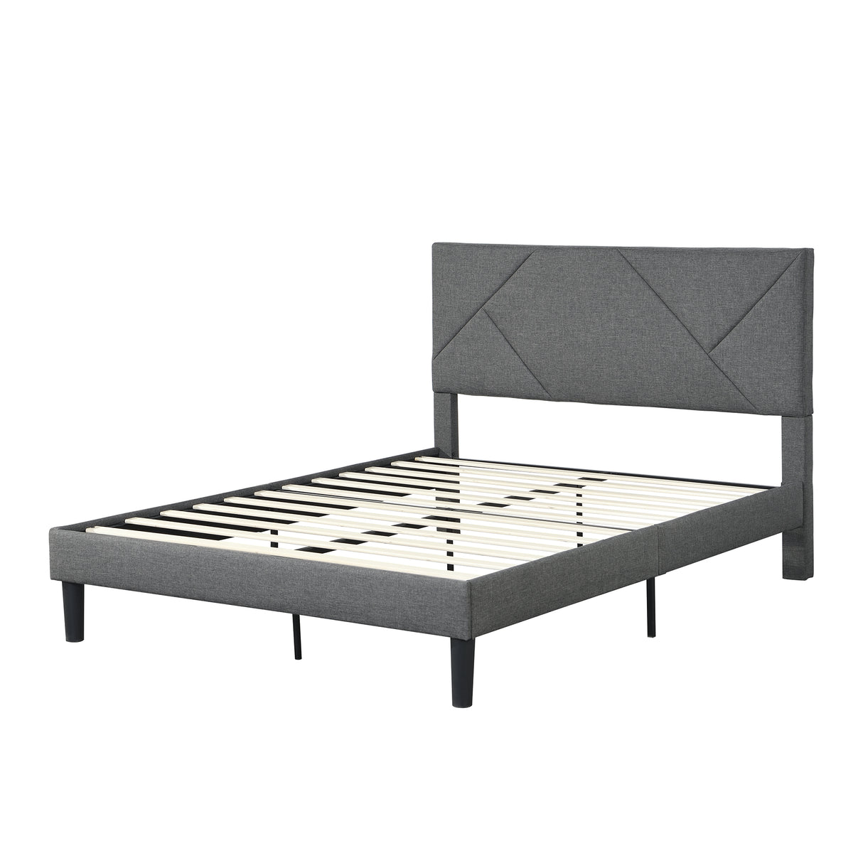 Queen Size Upholstered Platform Bed Frame Wood Slat Support Grey - V.I.P Digital Presence