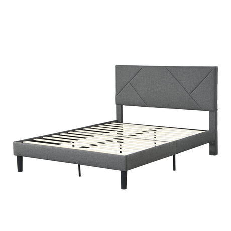 Queen Size Upholstered Platform Bed Frame Wood Slat Support Grey - V.I.P Digital Presence