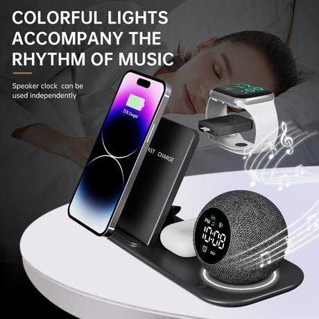 Six in one mobile phone watch headphones wireless charging clock alarm Bluetooth speaker night light - V.I.P Digital Presence