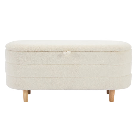 Elegant Upholstered Sherpa Fabric Storage Ottoman with Wood Legs, Storage Bench for Bedroom, Living Room, White - V.I.P Digital Presence