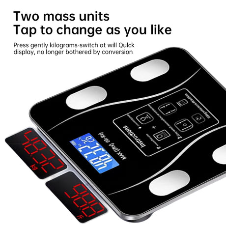 Bluetooth smart scale with app, full-body analysis, iOS/Android, 180kg, high-precision for fitness. - V.I.P Digital Presence