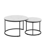 A set of nested 27.6-inch circular coffee tables with a wooden marble patterned tabletop and a sturdy metal frame (white) - V.I.P Digital Presence