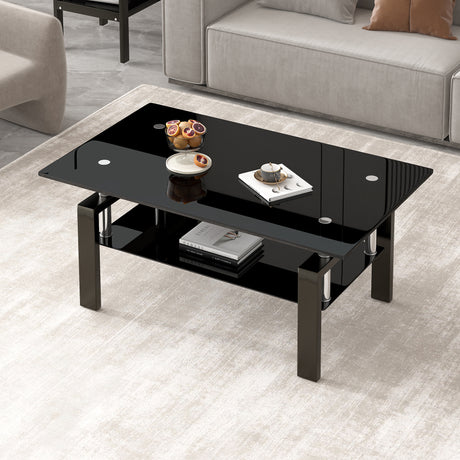 Black Tempered Glass Coffee Table, 2 Layer Storage Tea Table - V.I.P Digital Presence