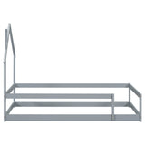 Twin Size Wood bed with House-shaped Headboard Floor bed with Fences,Grey - V.I.P Digital Presence