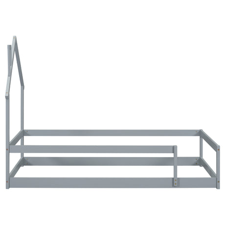 Twin Size Wood bed with House-shaped Headboard Floor bed with Fences,Grey - V.I.P Digital Presence