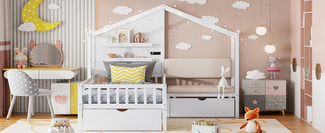 Twin Size House Bed with Upholstered Sofa, House Bed with Charging Station, Wireless Charging, Shelves and Two Drawers, White - V.I.P Digital Presence