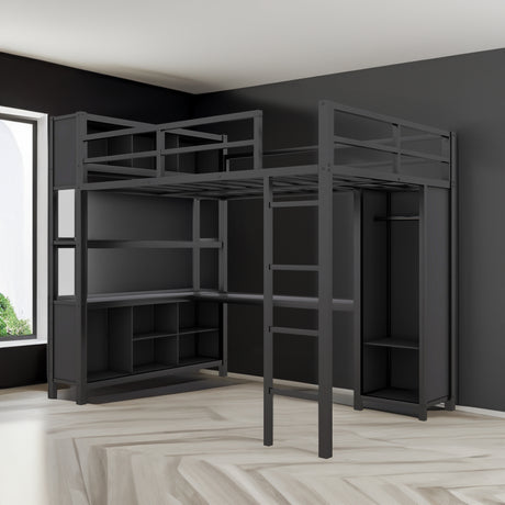 Metal loft bed with wardrobe and L-shaped desk, full-size loft bed with storage cabinet and shelf, heavy-duty loft bed, black - V.I.P Digital Presence