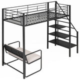 Twin Size Metal Loft Bed with Bench and Storage Staircase  Black