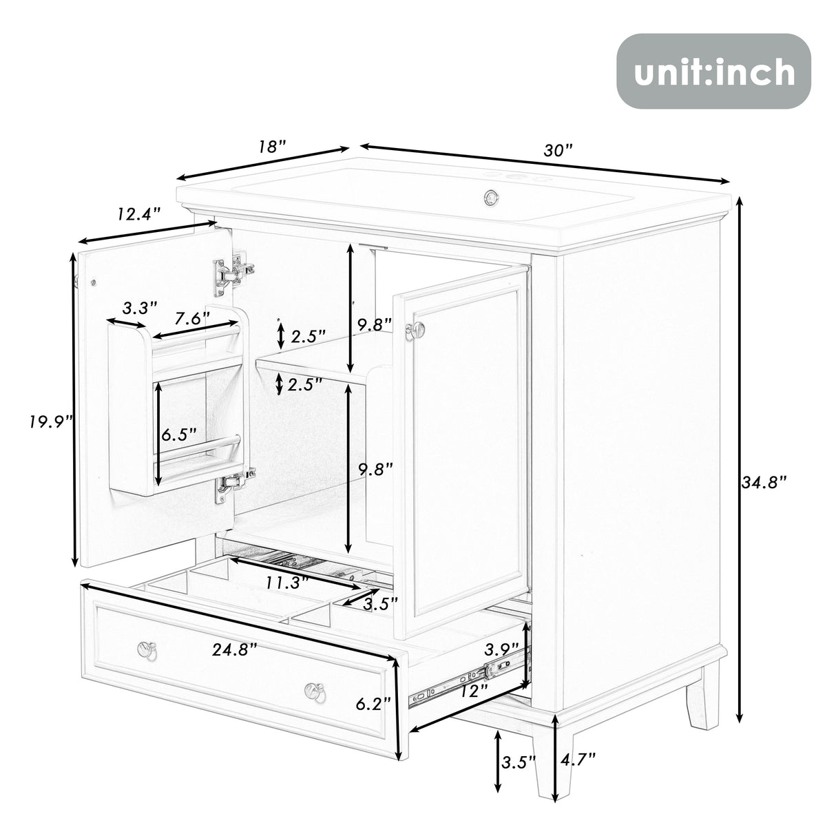 30inchgrey Bathroom Vanity with Sink ComboMulti-functional Bathroom Cabinet with Doors and Drawer Solid Frame and MDF Board - V.I.P Digital Presence