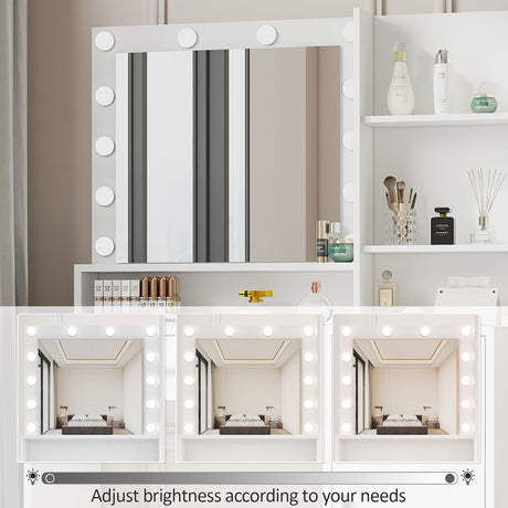 Large drawer with mirror and light, three-layer storage vanity, adjustable brightness for 3 lighting modes (white with stool) - V.I.P Digital Presence