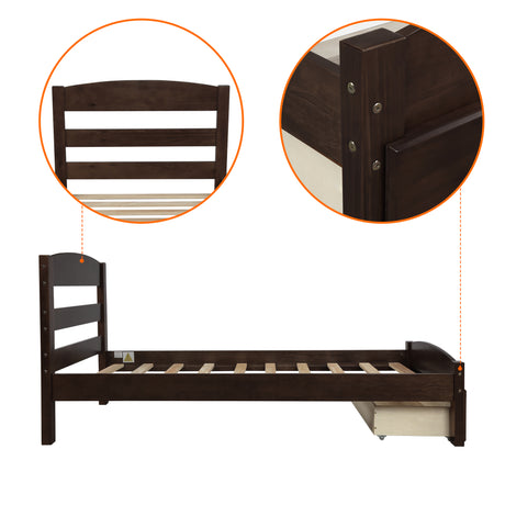 Platform Twin Bed Frame with Storage Drawer and Wood Slat Support No Box Spring Needed Espresso - V.I.P Digital Presence