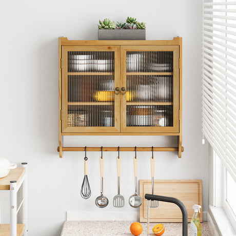 24.8 '' Glass door retro double door wall cabinet with three levels of storage space with towel rack, original wood color - V.I.P Digital Presence