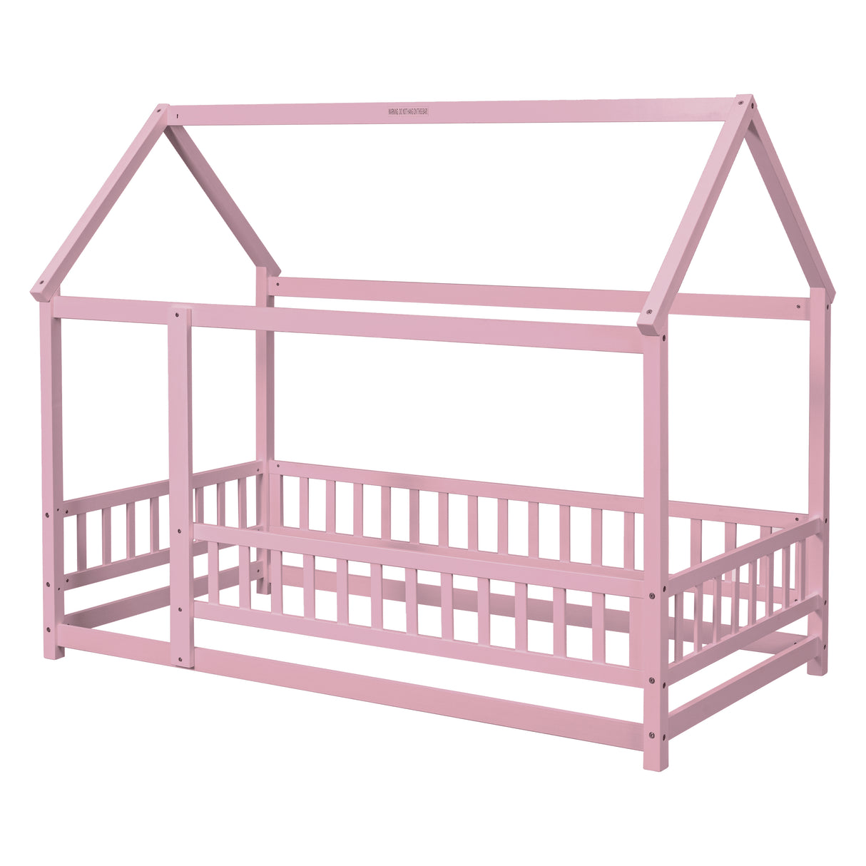 Twin Size Floor Wooden Bed with House Roof Frame, Fence Guardrails,Pink - V.I.P Digital Presence