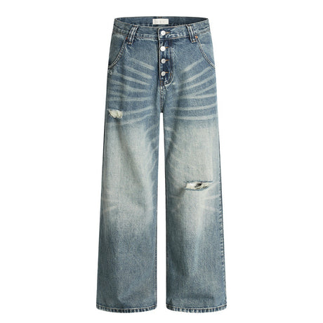 Hole-Washed Denim Long Pants Men's Loose Faded Whitewashed Wide-Leg Straight Trousers European and American Street Fashion Versatile Dad Pants - V.I.P Digital Presence