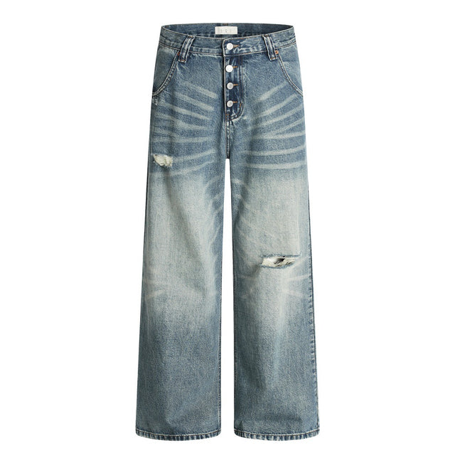 Hole-Washed Denim Long Pants Men's Loose Faded Whitewashed Wide-Leg Straight Trousers European and American Street Fashion Versatile Dad Pants - V.I.P Digital Presence