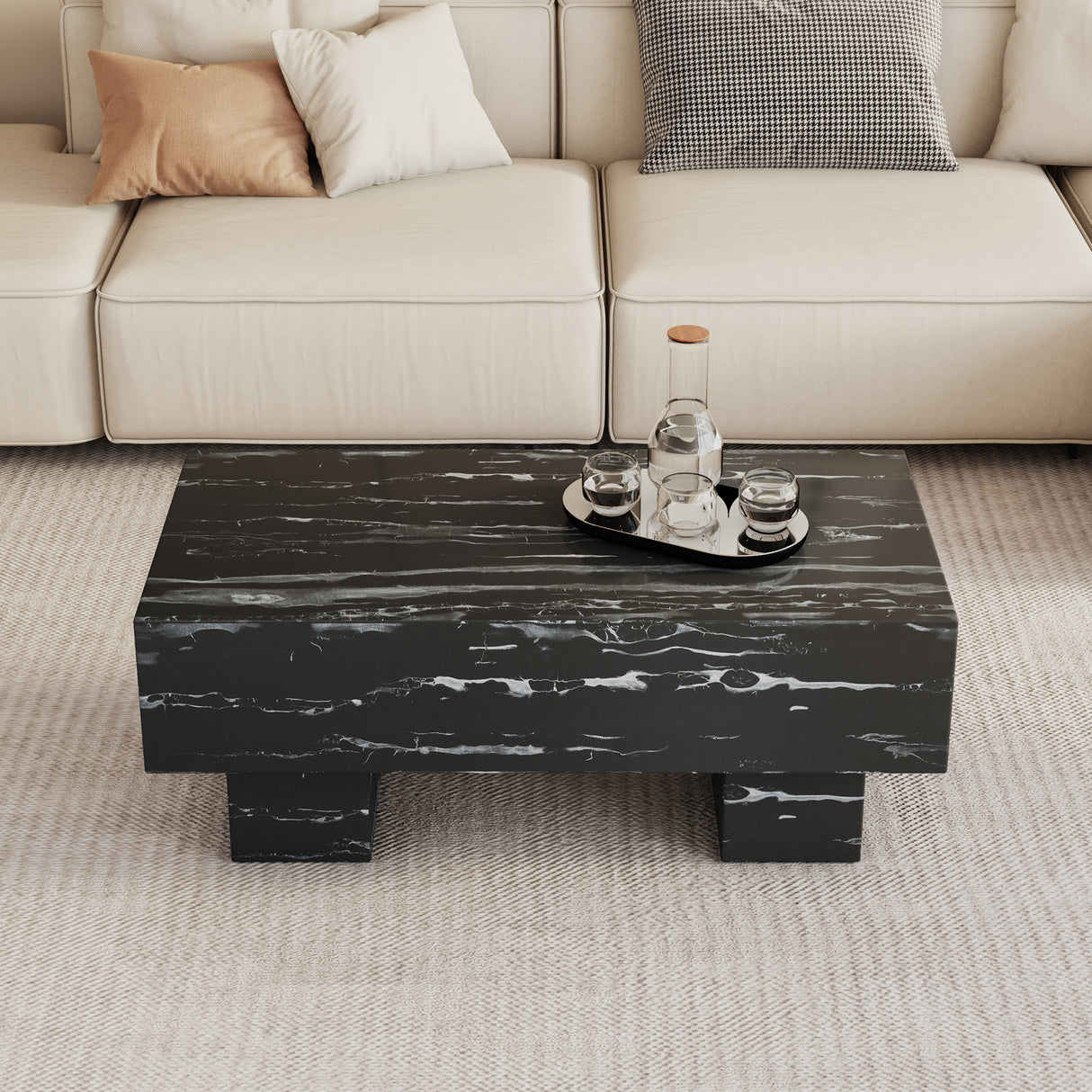 The black coffee table has patterns Modern rectangular table suitable for living rooms and apartments  43.3"*21.6"*17.2"