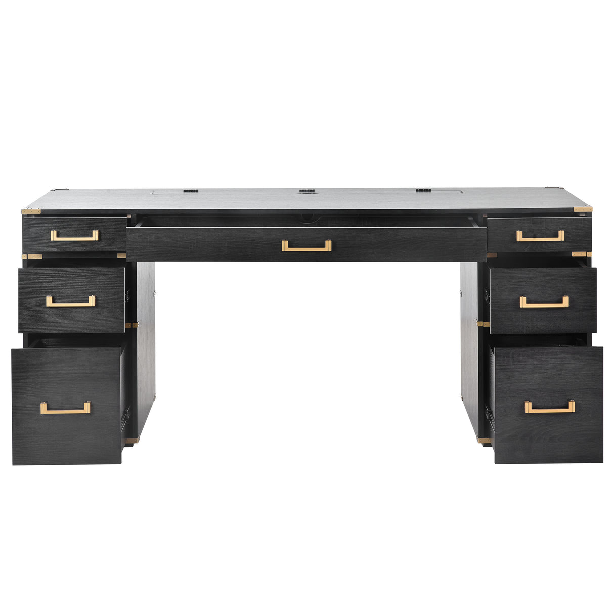 70 inch classic and traditional executive desk with metal trim, writing desk with 2 file drawers, USB ports, and sockets, black - V.I.P Digital Presence
