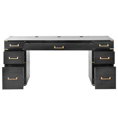 70 inch classic and traditional executive desk with metal trim, writing desk with 2 file drawers, USB ports, and sockets, black - V.I.P Digital Presence