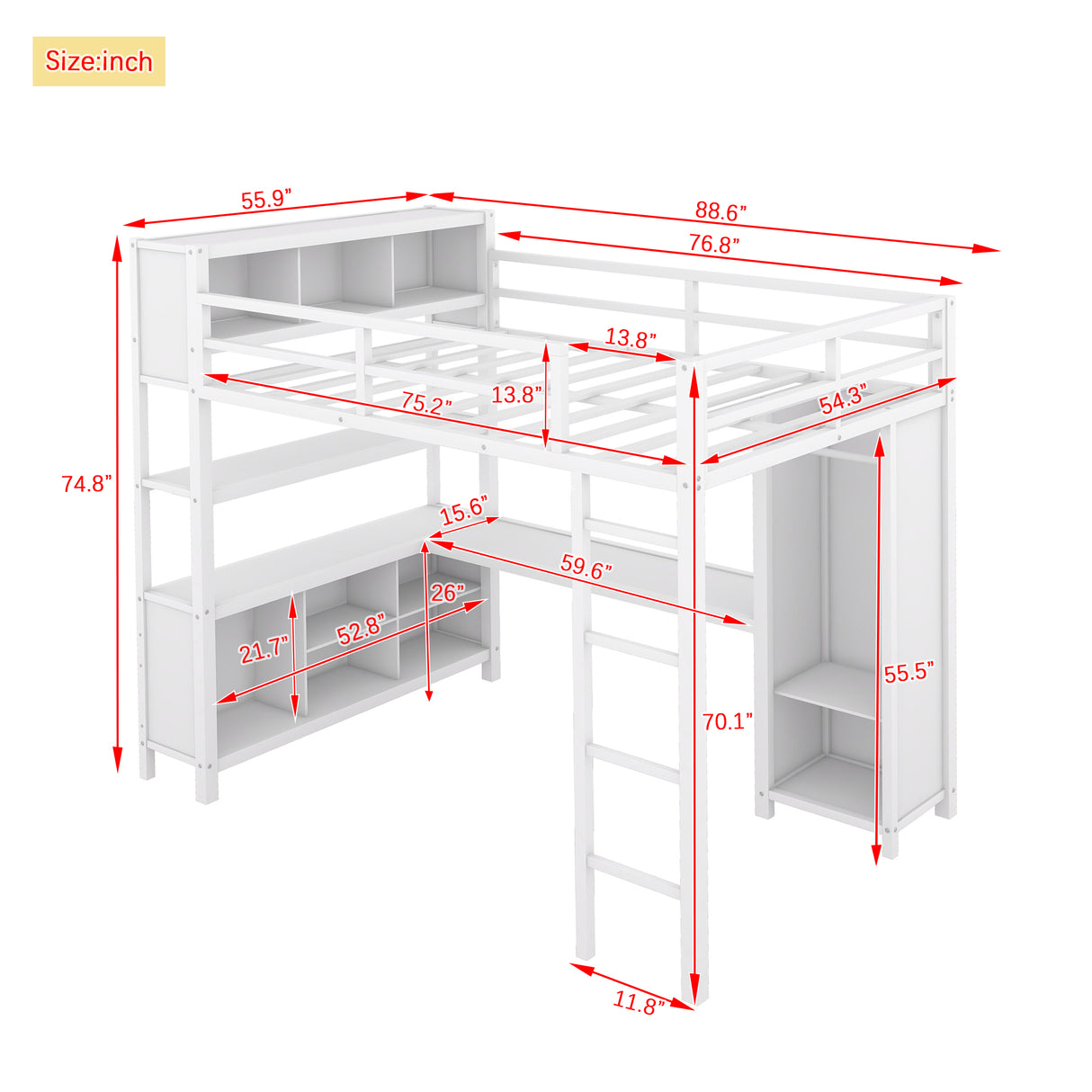 Metal loft bed with wardrobe and L-shaped desk, full-size loft bed with storage cabinet and shelf, white - V.I.P Digital Presence