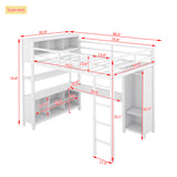 Metal loft bed with wardrobe and L-shaped desk, full-size loft bed with storage cabinet and shelf, white - V.I.P Digital Presence