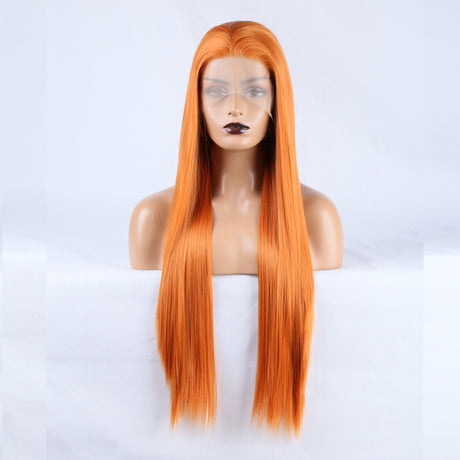 Long Straight Hair 13*2.5 Orange Chemical Fiber Front Lace Wig Head Cover Natural Hairline - V.I.P Digital Presence