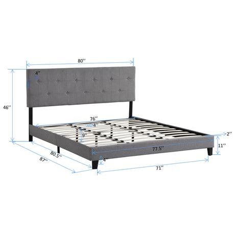 King Size Upholstered Platform Bed Frame with Button Tufted Linen Fabric Headboard Gray - V.I.P Digital Presence