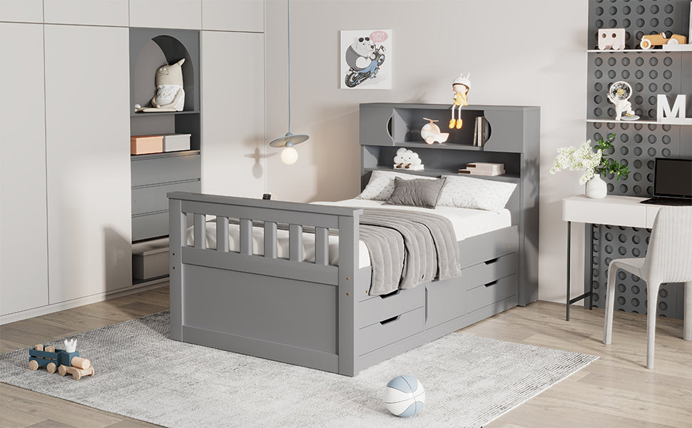 Twin Size Captain Platform Bed Frame with Storage Bookcases and Shelves,Four Drawers, Gray - V.I.P Digital Presence