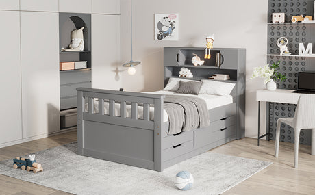 Twin Size Captain Platform Bed Frame with Storage Bookcases and Shelves,Four Drawers, Gray - V.I.P Digital Presence