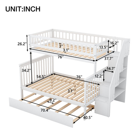 Twin over Full Bunk Bed with Trundle and Staircase White - V.I.P Digital Presence