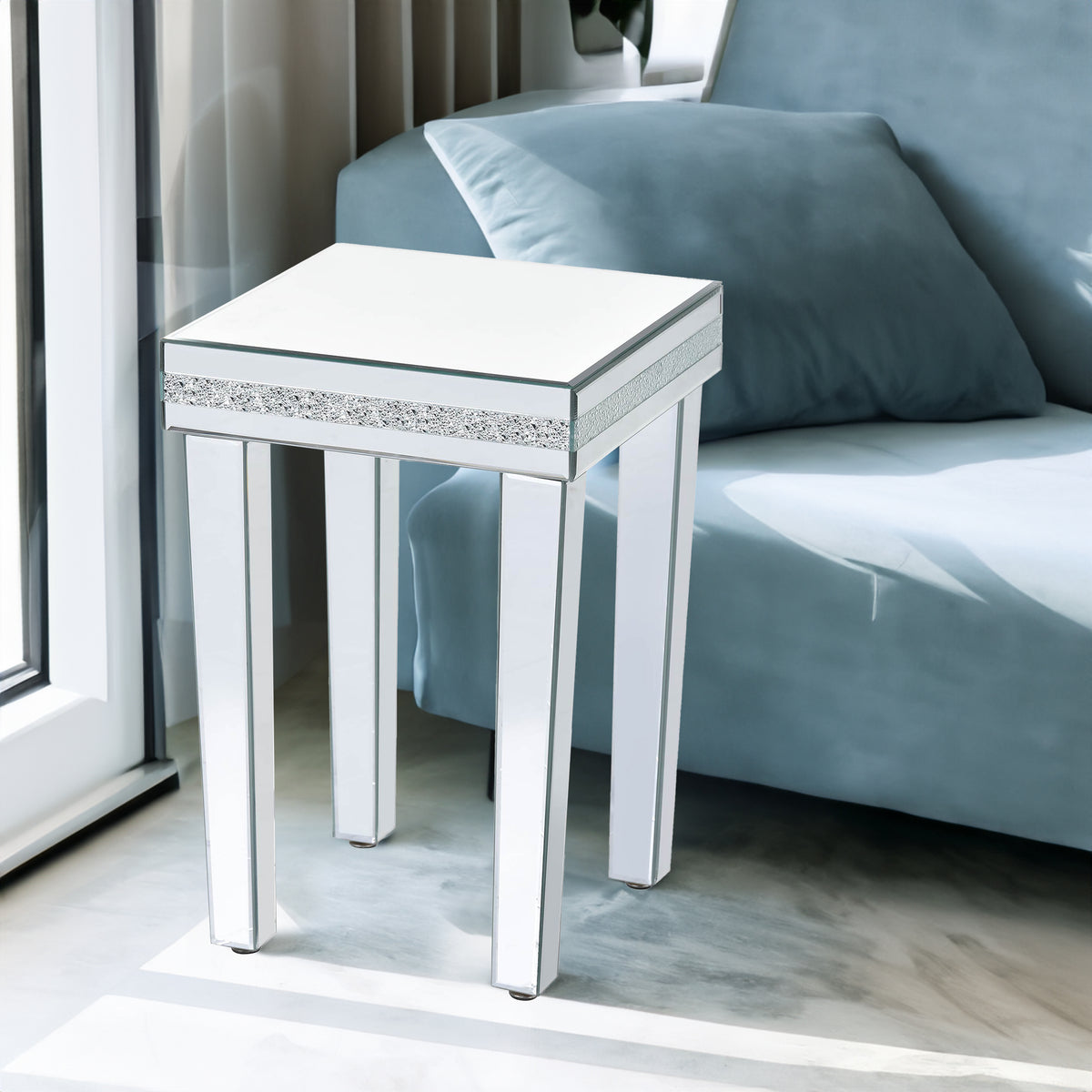ON-TRANS glass mirror edge table, easy to assemble crystal design and adjustable height leg edge table, silver - V.I.P Digital Presence