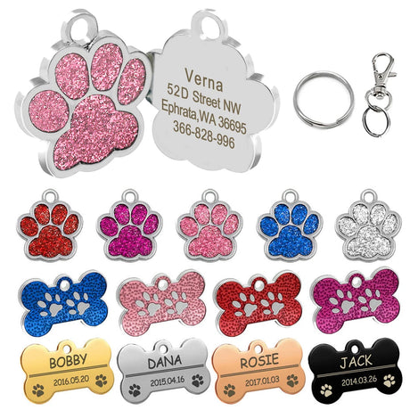 Personalized Dog Tags Engraved Cat Puppy Pet ID Name Collar Tag Pendant Pet Accessories Bone/Paw Glitter - V.I.P Digital Presence