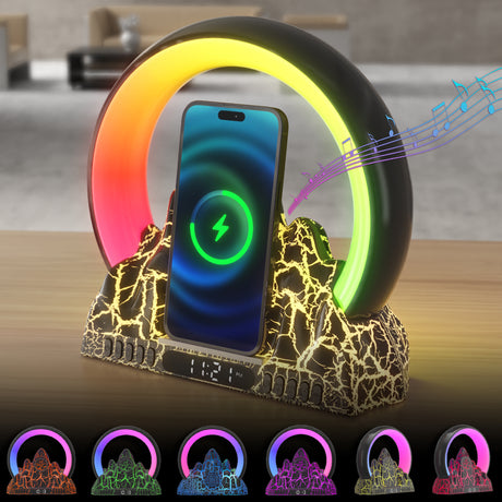 Smart Tuya APP Sunrise Flame Mountain Alarm Clock Night Lights 15W Wireless Charing BT Speaker White Noise LED Table Lamp - V.I.P Digital Presence