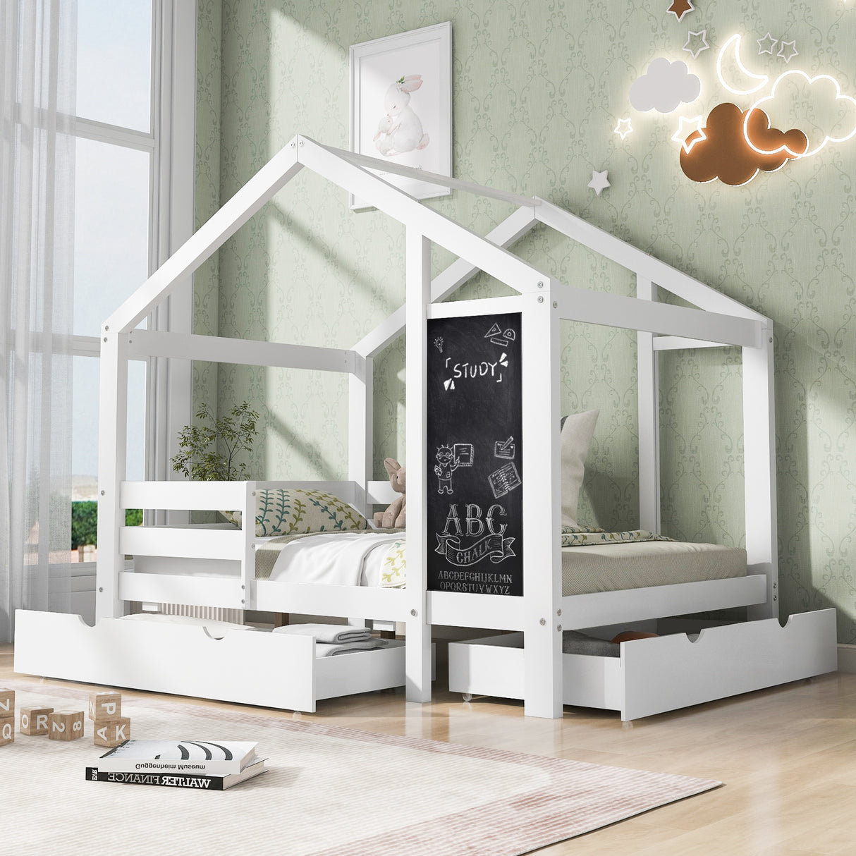 Full House Bed with Blackboard and Drawers Two assembly options White - V.I.P Digital Presence